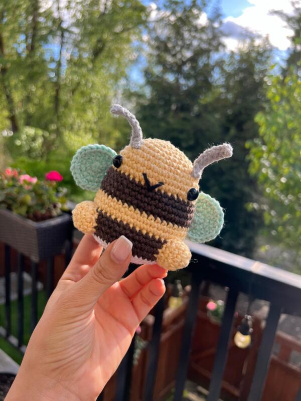 Handmade Amigurumi Bumble Bee Plushie, crochet toy with stripes
