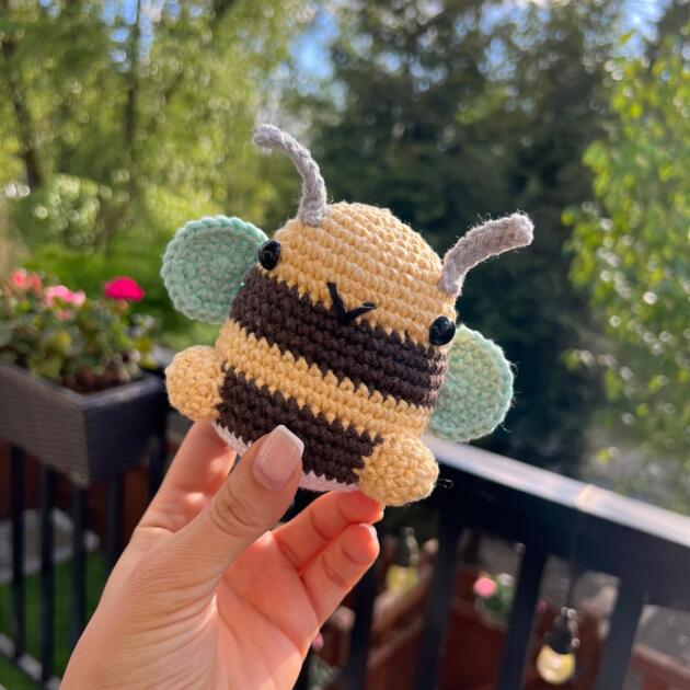 Handmade Amigurumi Bumble Bee Plushie, crochet toy with stripes