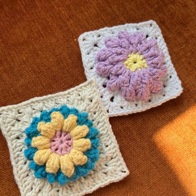 Crochet 3D Popcorn Flower Granny Squares - Beautiful Textured Granny Square Pattern with Popcorn Stitch Flowers