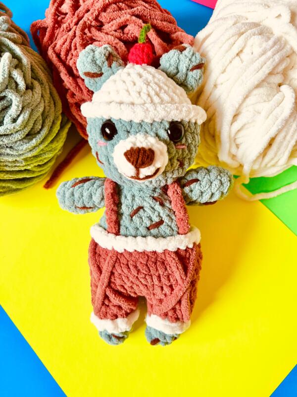 Handmade crochet ice cream bear plush with colorful accents